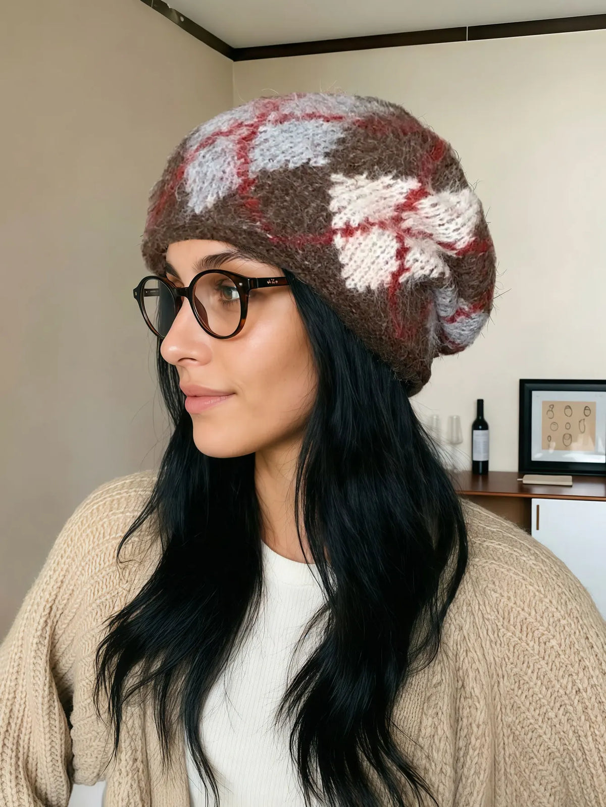 Back view of the knit earflap beanie showing its warm design