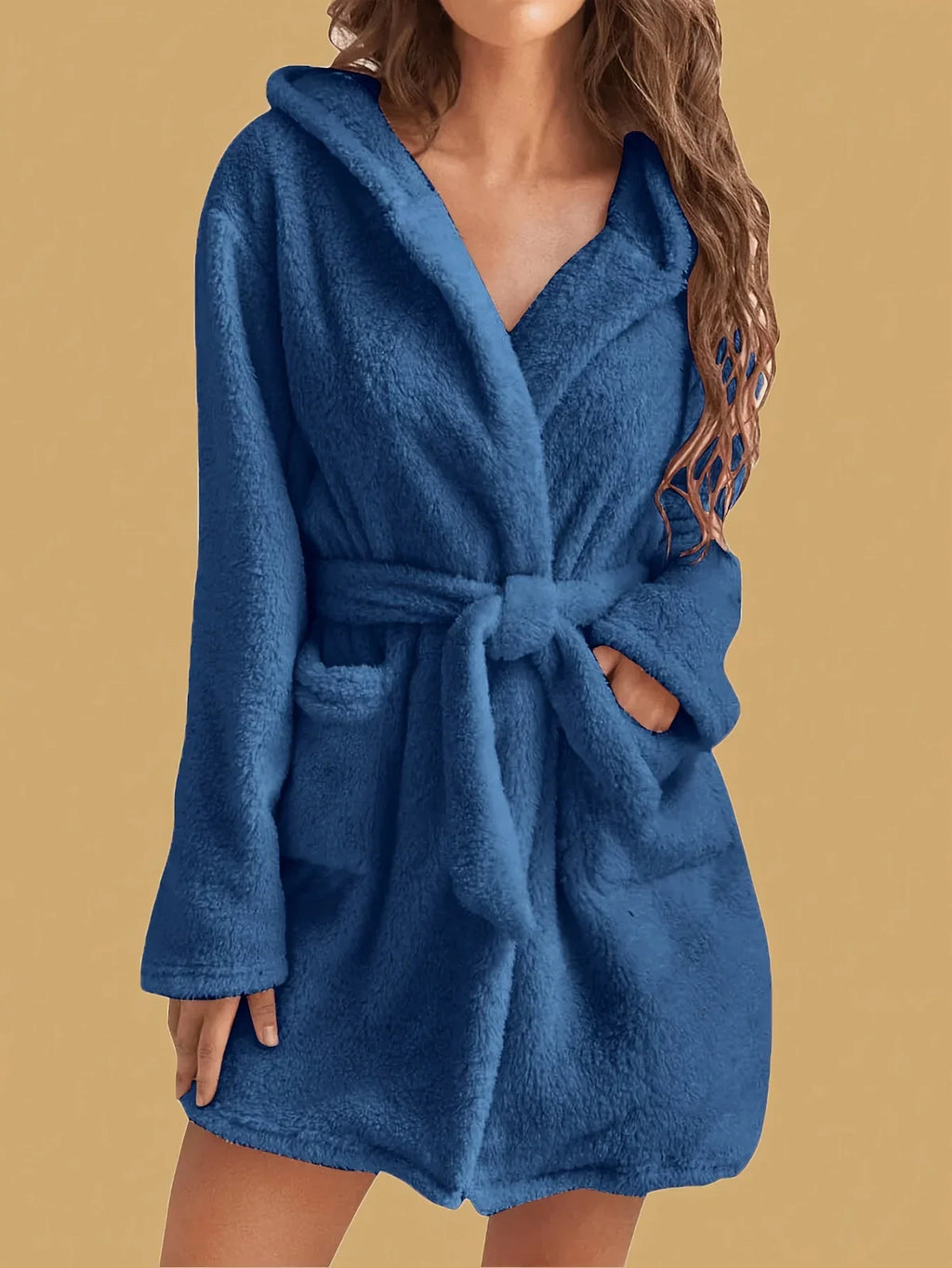 Women's warm fleece bathrobe with full knee-length coverage