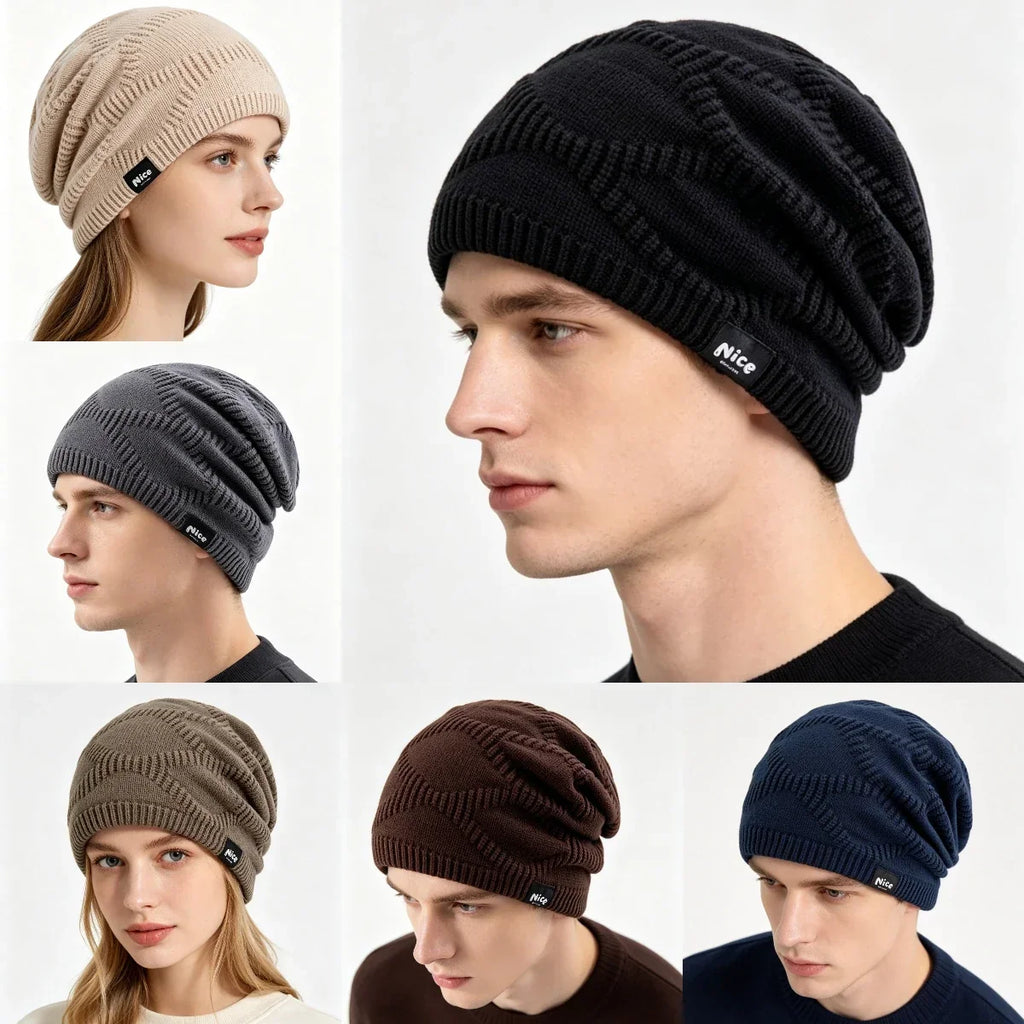 Back view of the warm winter beanie with ribbed knit construction