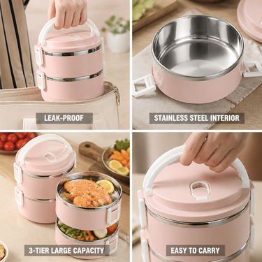 3-Tier Lunch Box | Stainless Steel Interior | Leak-Proof Lids & Large Capacity | Easy to Clean