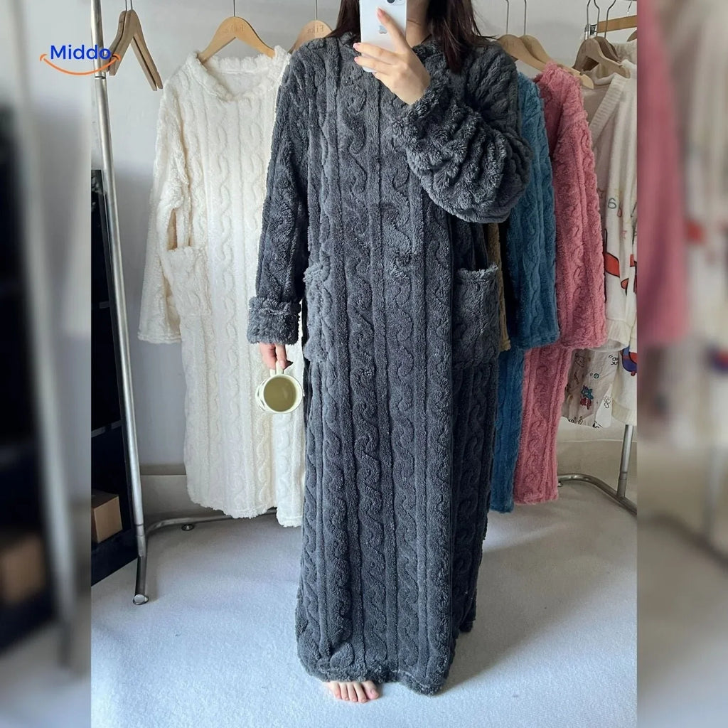 Women's fleece blanket dress styled as comfortable homewear