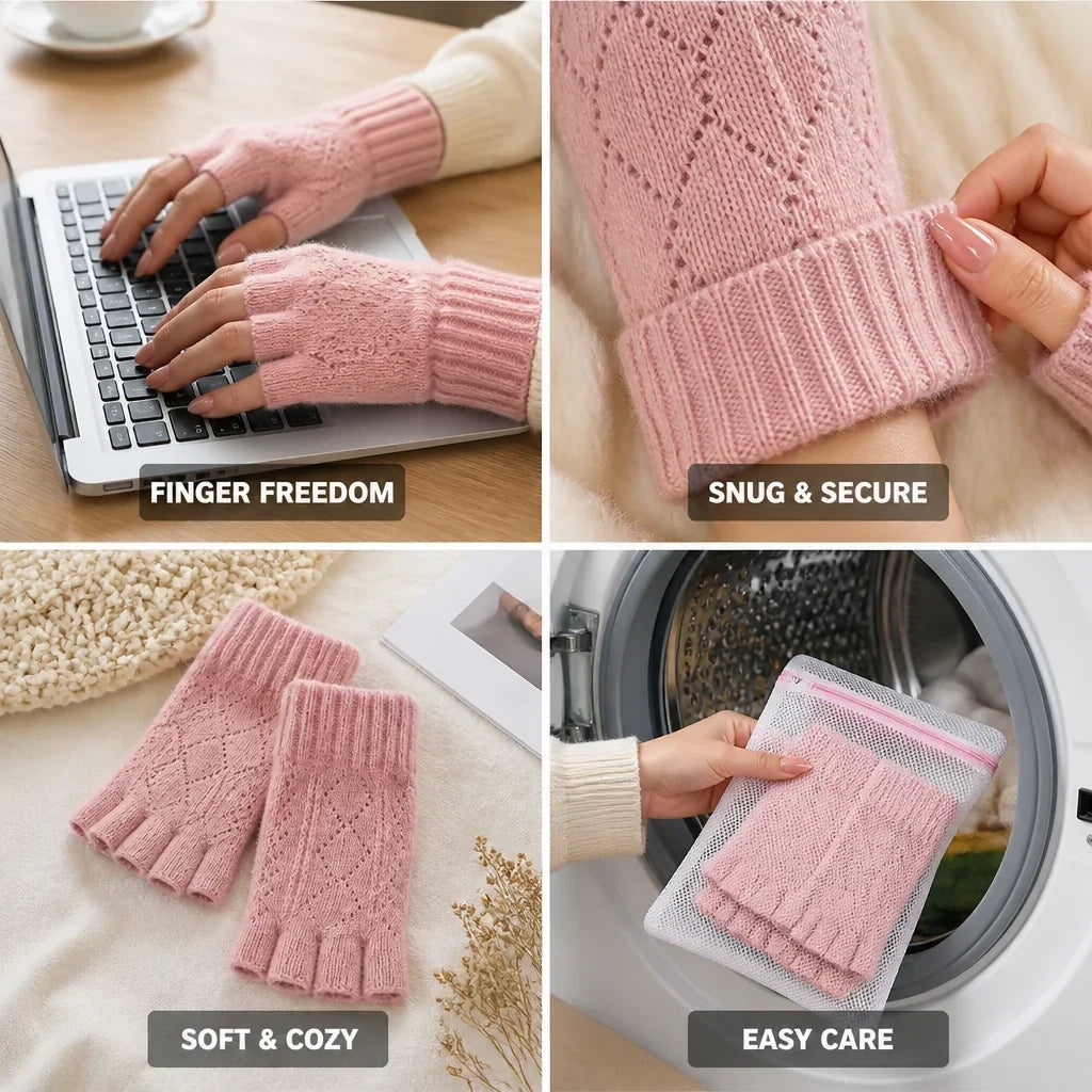 A pair of cozy fingerless gloves for cool-weather layering