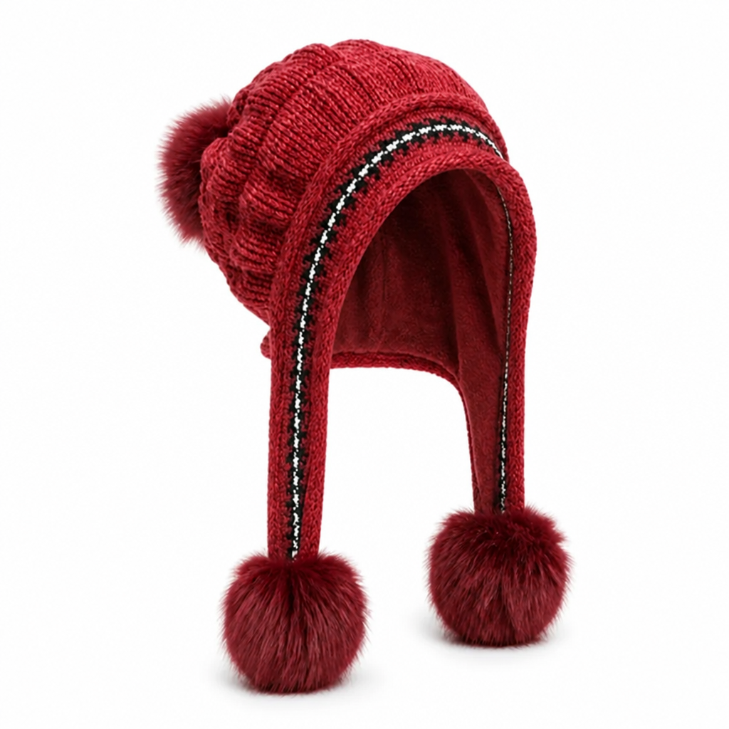 Women's Fleece-Lined Earflap Beanie With Pom-Pom