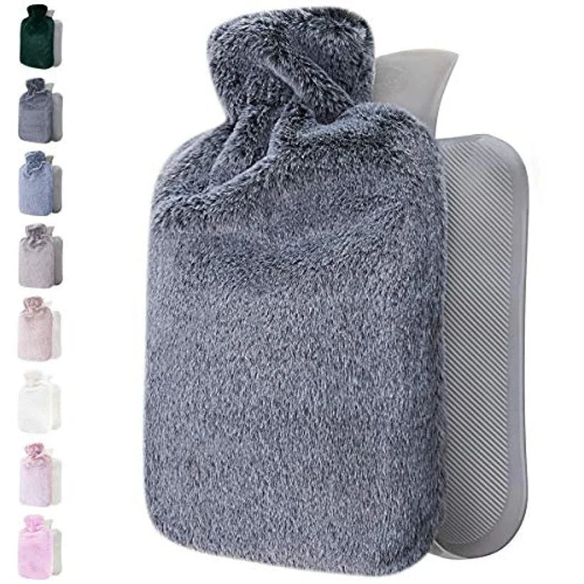 Hot water bottle resting inside its plush cover