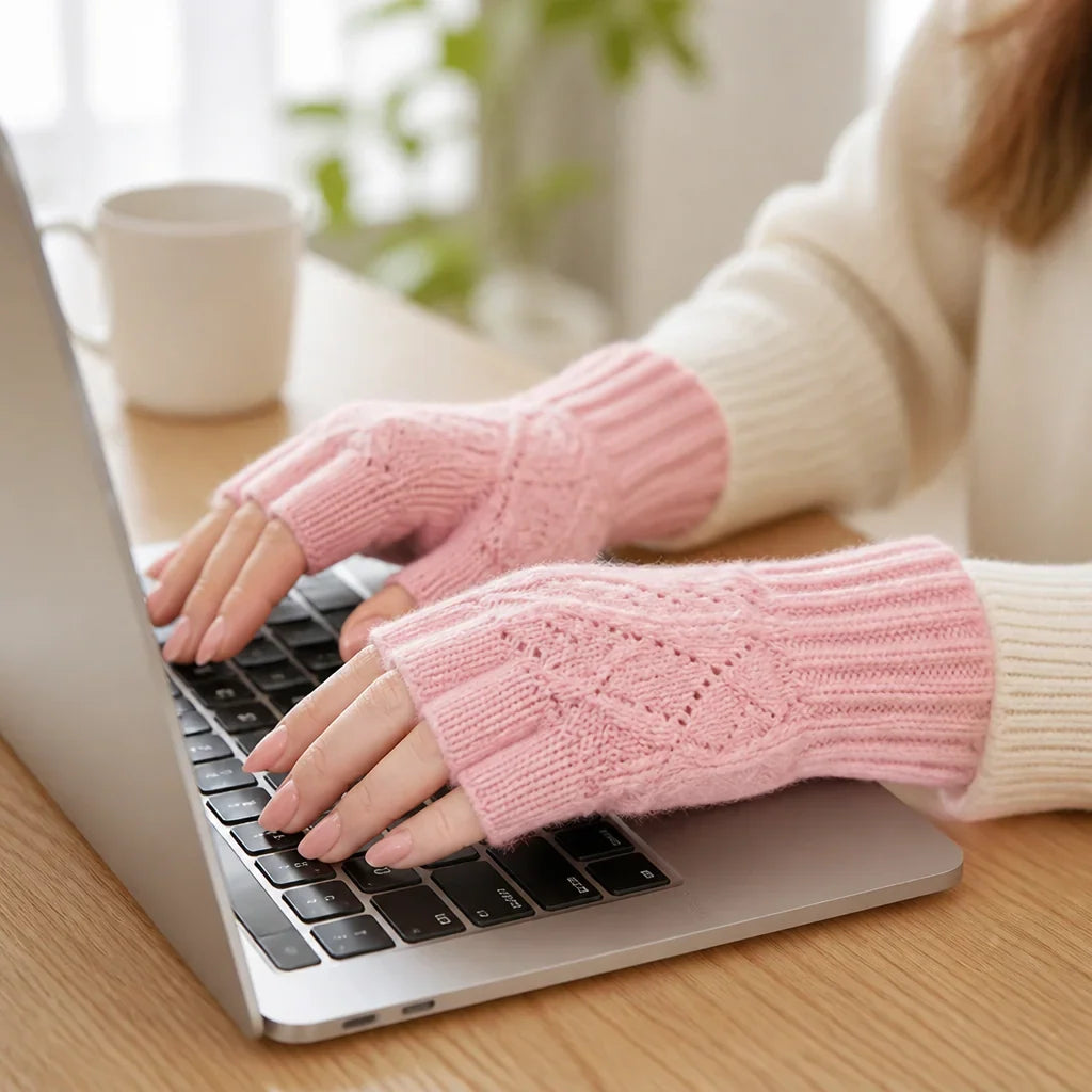 Knitted gloves with thumb openings and exposed fingertips