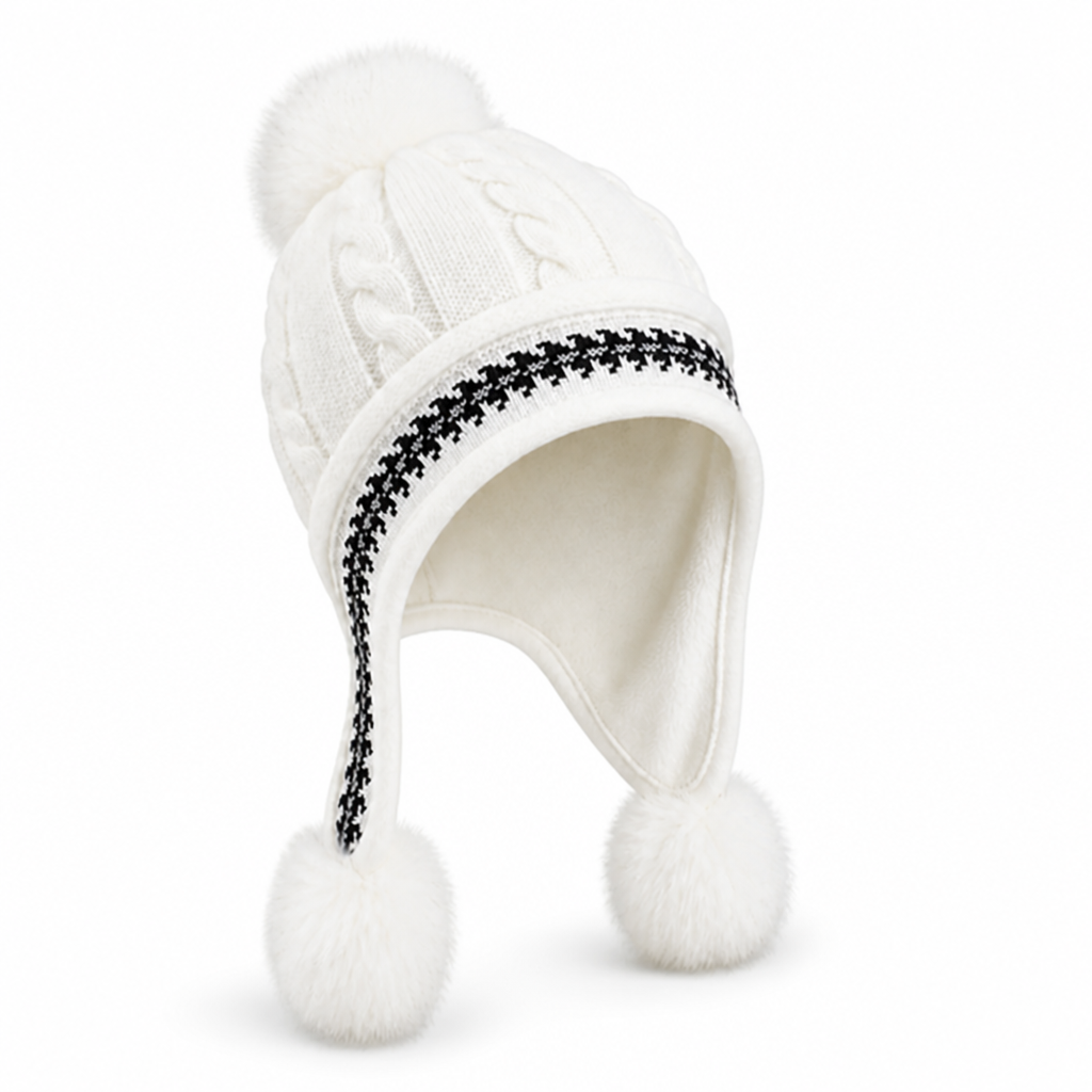 Women's Fleece-Lined Earflap Beanie With Pom-Pom