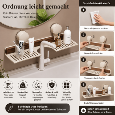 Bathroom Wall Shelf | No-Drill Suction-Cup Mount | Water-Resistant & Easy Clean | Space-Saving