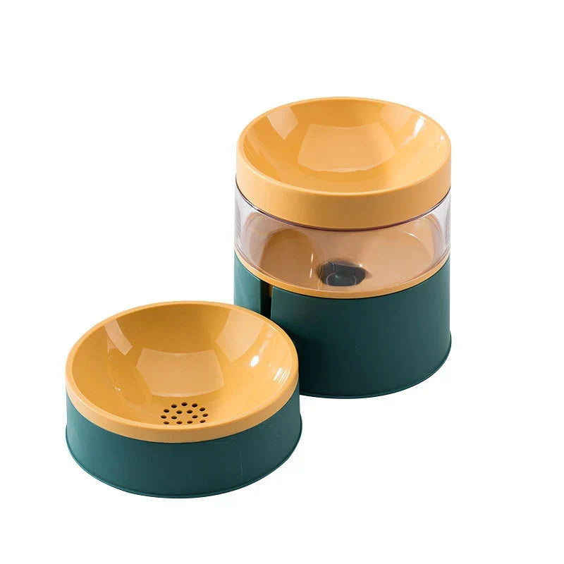 Pet food and water bowl shown at an angle