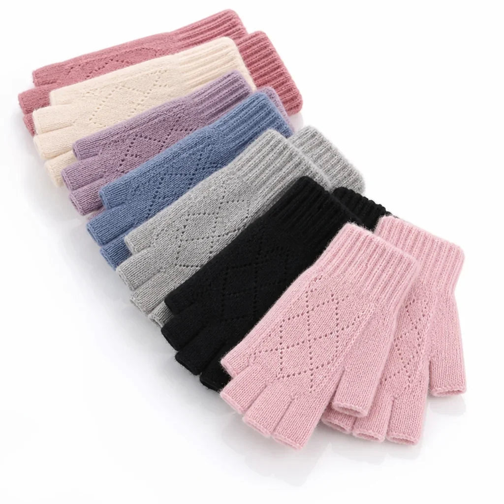 Fingerless gloves styled as a practical winter accessory