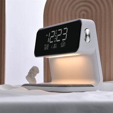 Nightstand Lamp | Touch Dimmer (3 Levels) | Wireless Charger & LCD Clock | Space-Saving