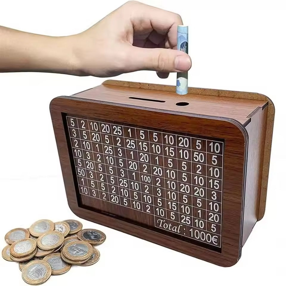 Wooden Money Saving Box – Euro Savings Challenge Piggy Bank – quanoloshop